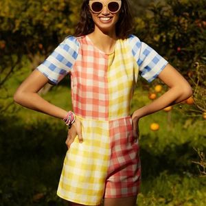 FARM RIO (by Anthropologie) Gingham Colorblock Contrast Romper, Size S